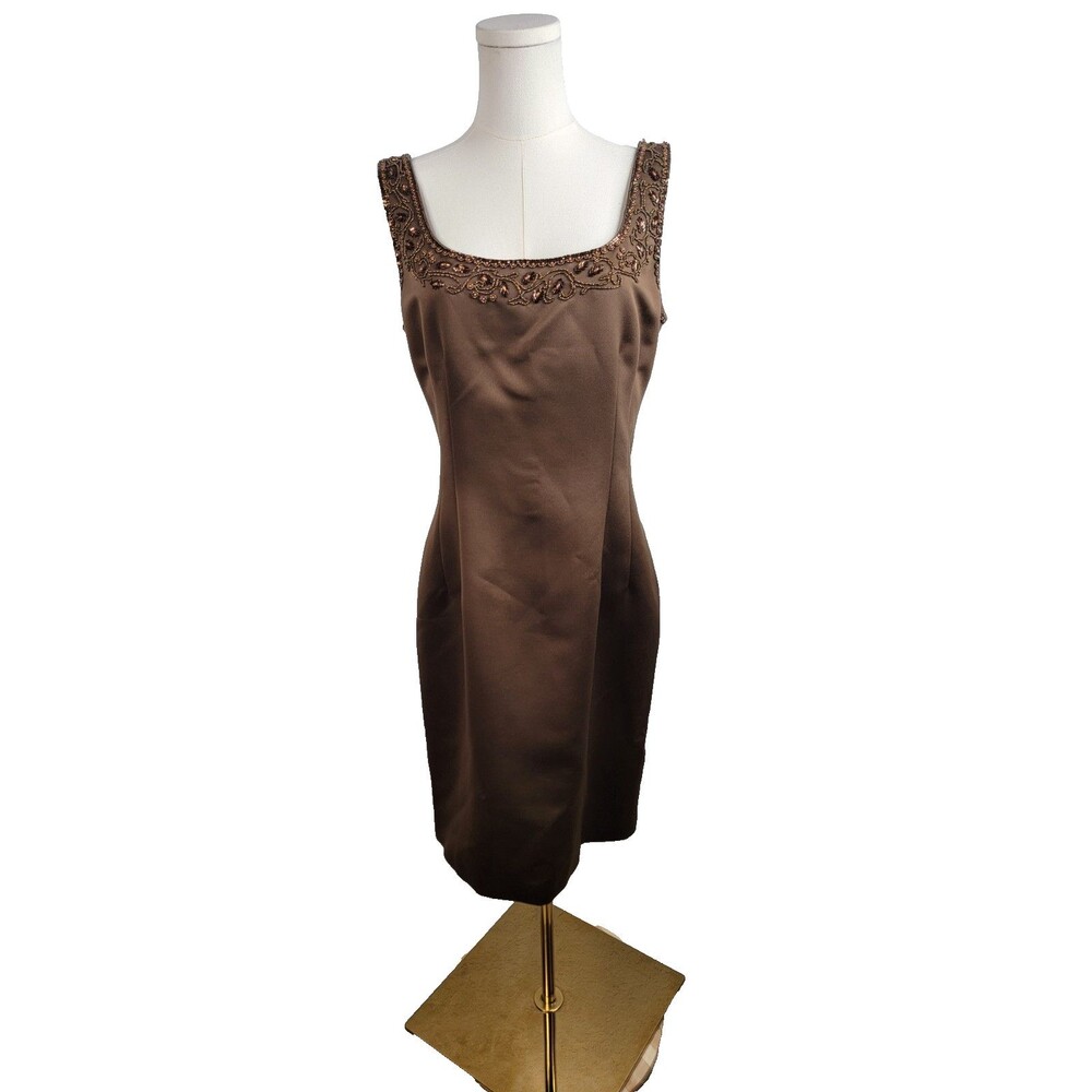 Vintage Black Tie Oleg Cassini Brown Beaded Vtg Sheath Dress Size 10
